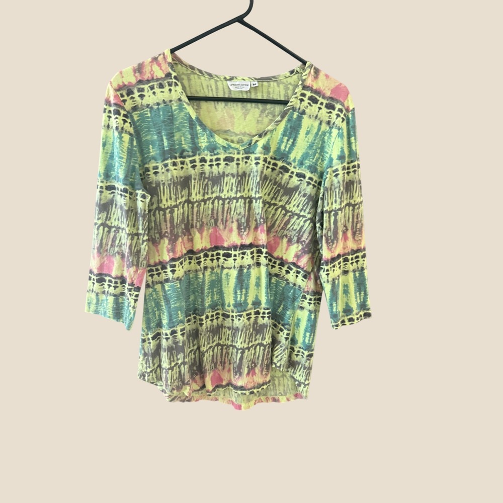 Prairie Cotton Womens Medium Tie Dye 3/4 Sleeve Scoop Neck Top Green Pink USA